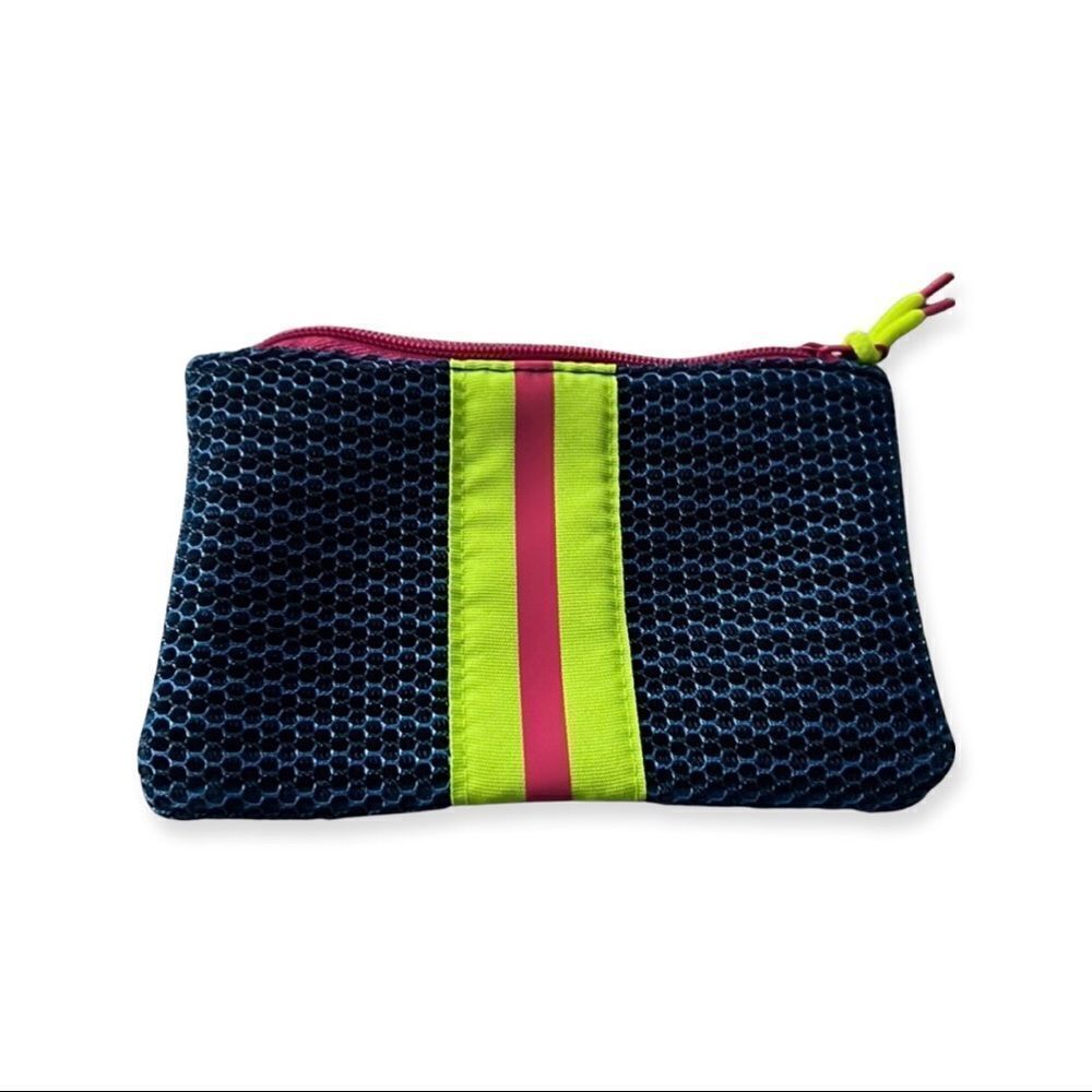 Blue Mesh Cosmetic Bag with Neon Green and Pink Stripe